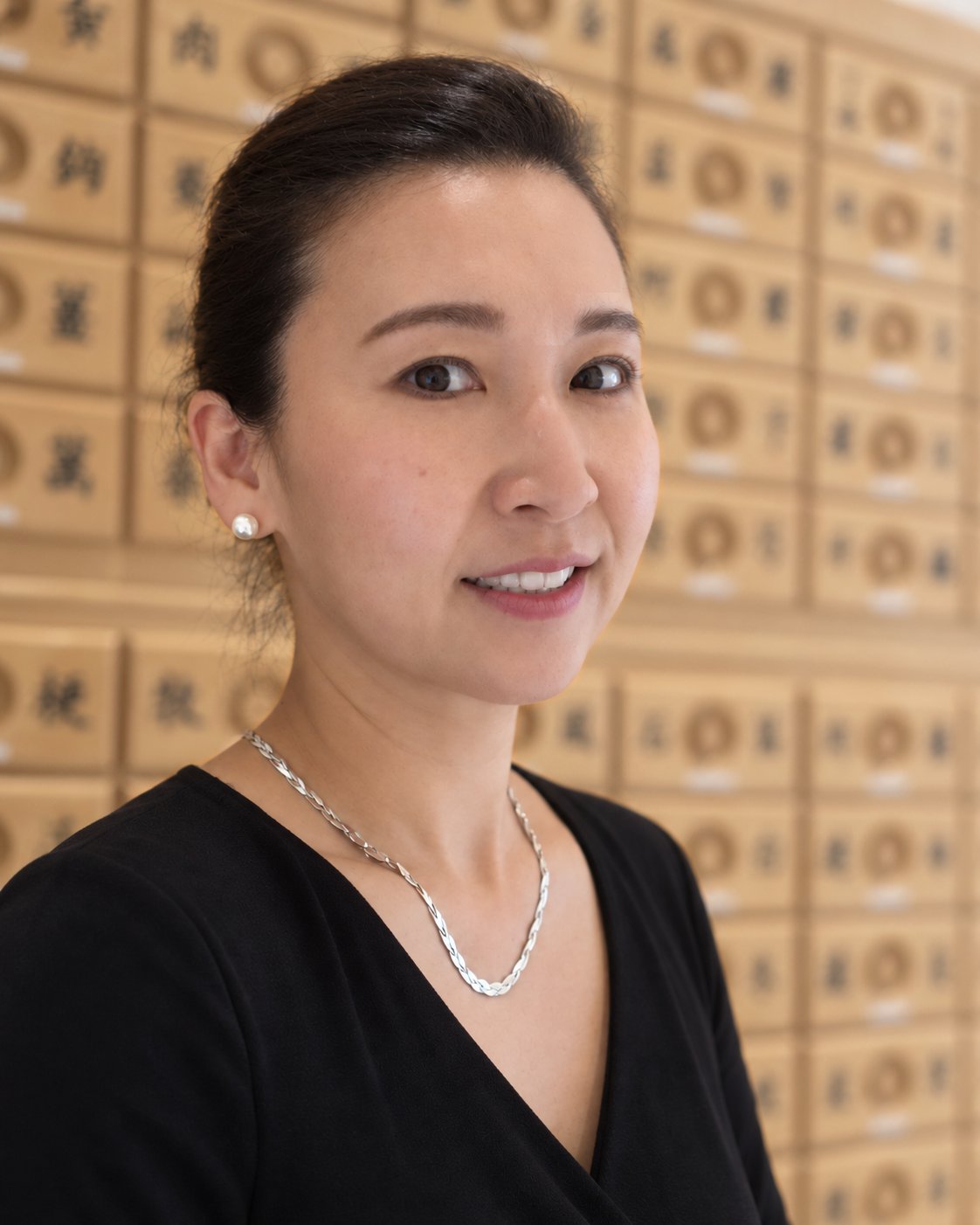 Agnes Ryu, OMD, MATCM, in front of the herbal medicine cabinet at Dr Ryu Natural Medicine, Wimbledon